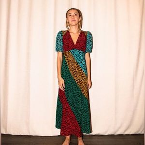 RIXO London Silk Amber Giraffe Multi Midi Dress Size S